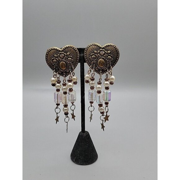 Floral Heart Dangling Faux Pearl Clip-on Earrings Irridescent Bead Stars Vintage - Picture 1 of 11